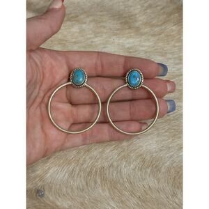 Huge Native American Sterling Silver Blue Ridge Turquoise Hoop Post Earrings